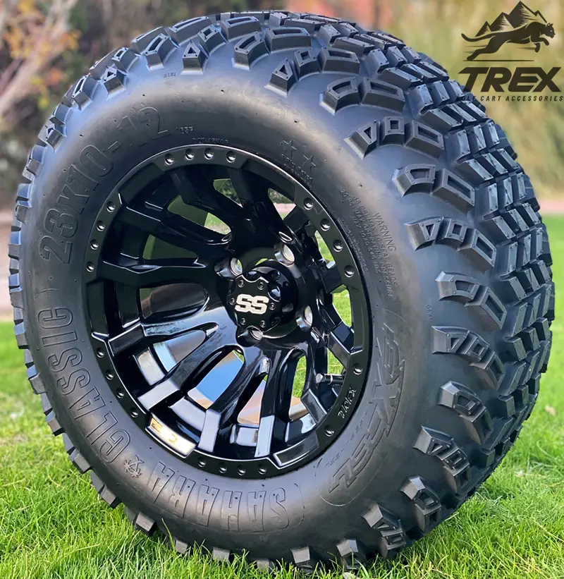 12″ MAVERICK GLOSS BLACK ALUMINUM WHEELS AND 23″ ALL TERRAIN TIRES COMBO – SET OF 4