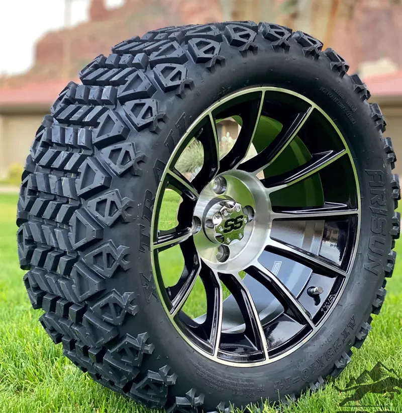 14″ TITAN MACHINED/BLACK ALUMINUM WHEELS AND 23X10-14 DOT ALL TERRAIN TIRES COMBO – SET OF 4